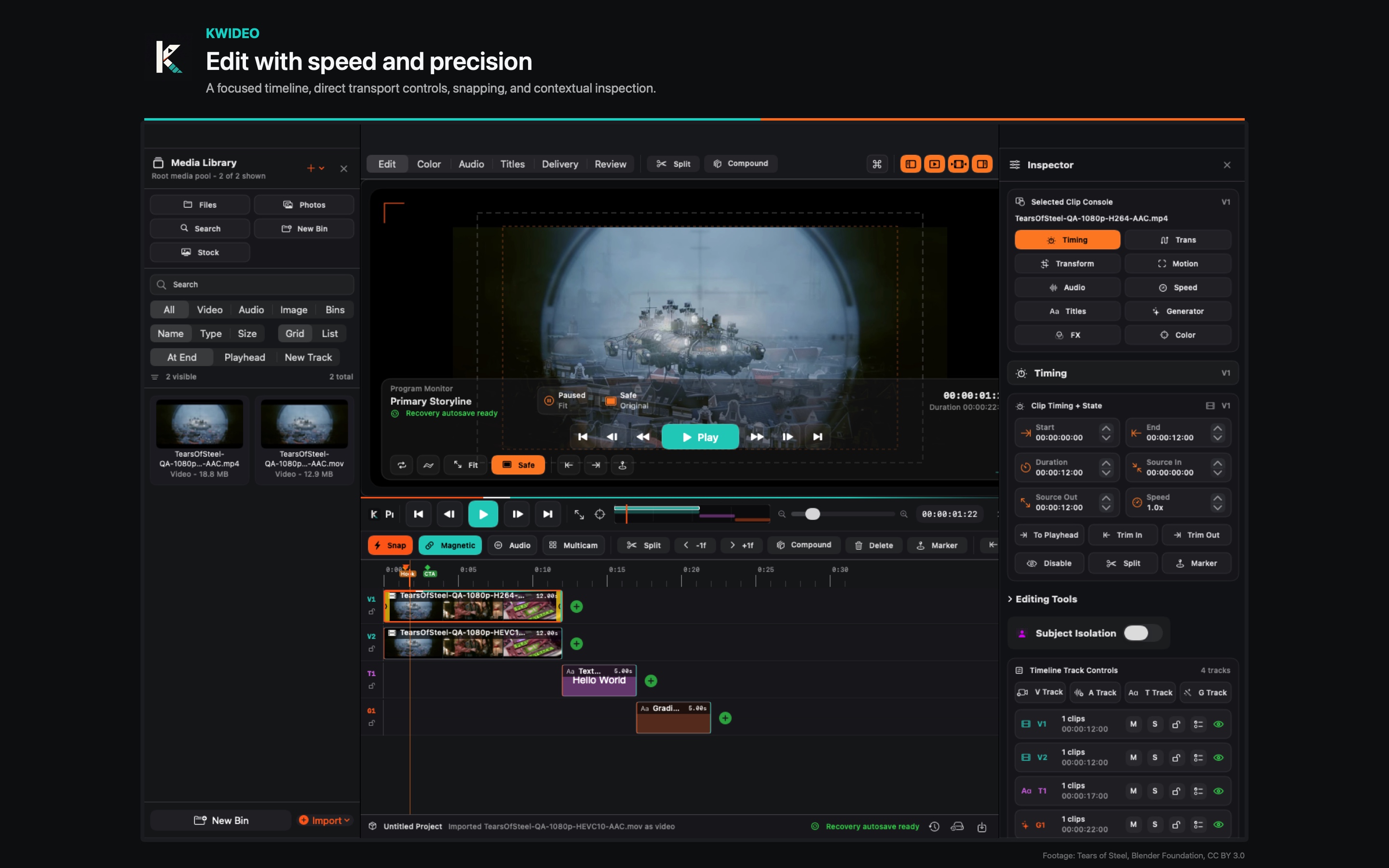 Kwideo macOS editor overview with timeline, viewer, media, and inspector panels