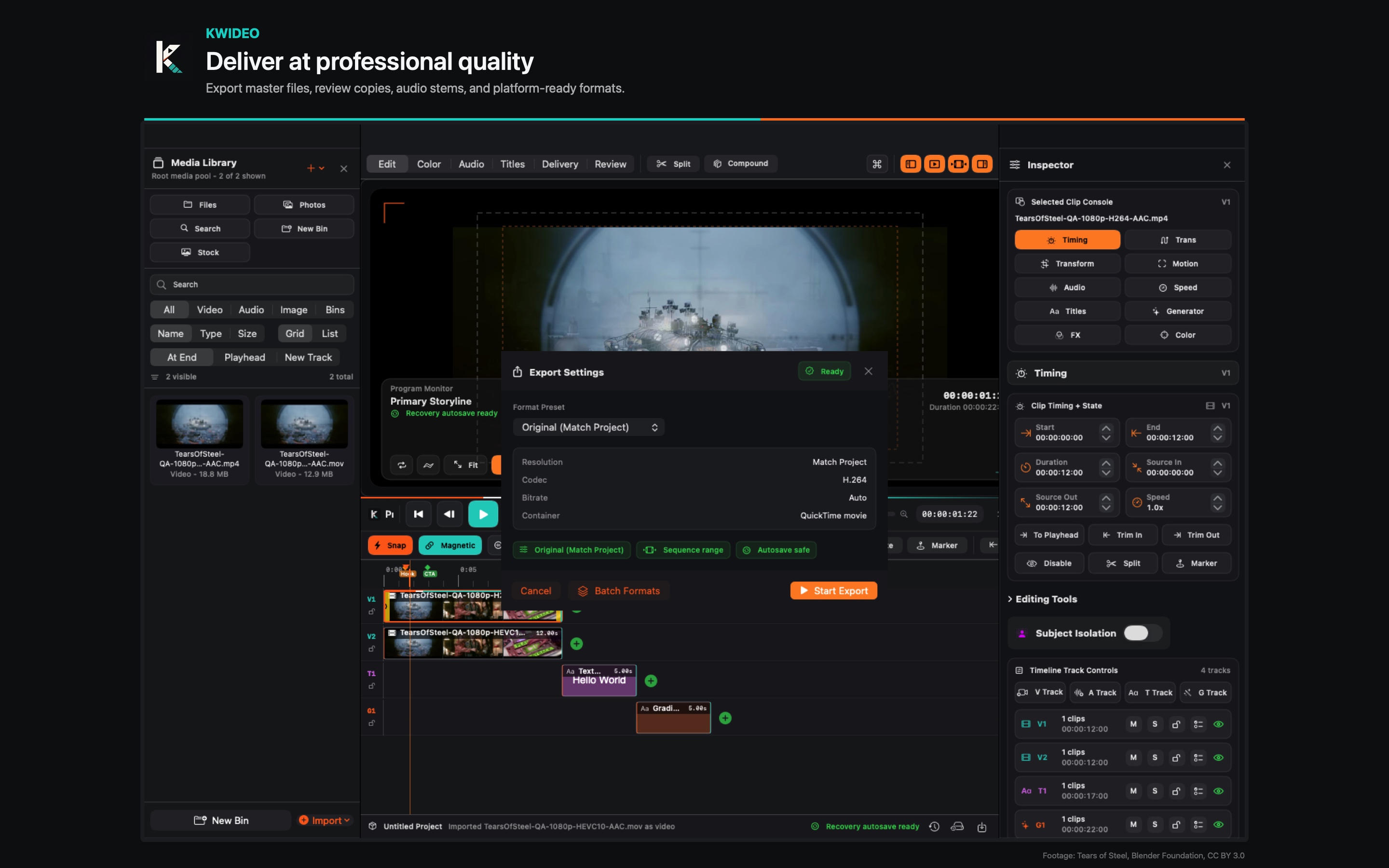 Kwideo export flow for professional delivery